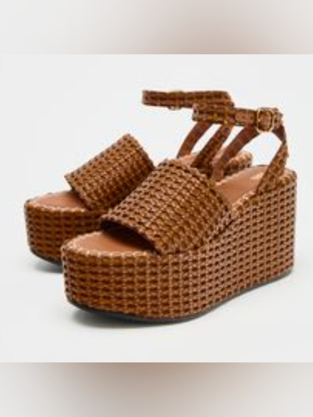NWT ZARA Brown Woven Braided Platform Wedges Sandals Ankle Strap Sz 38 / 7.5